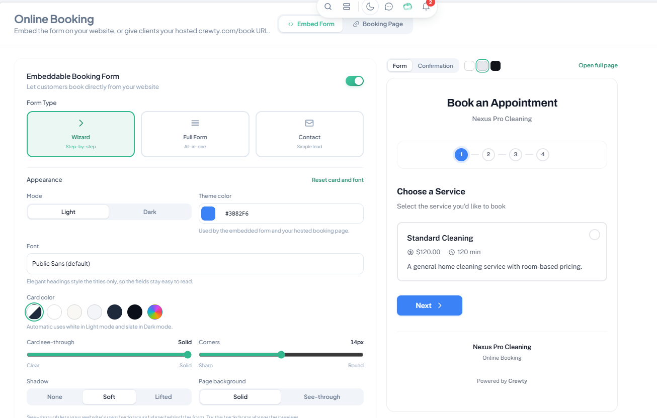 Online booking form setup with a live preview of the client booking page