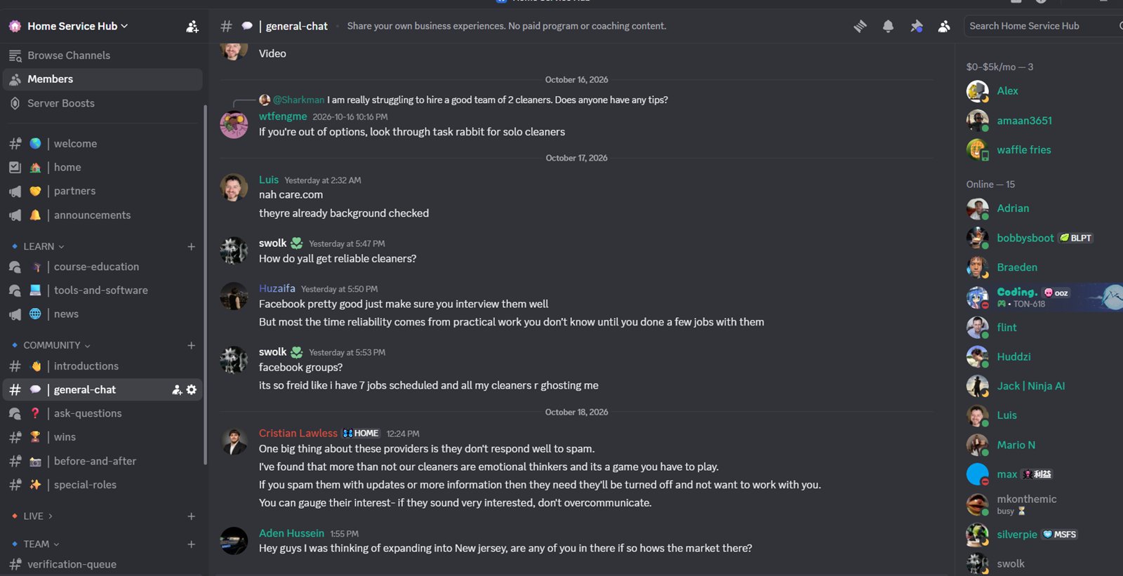 Owners discussing hiring in the general-chat channel
